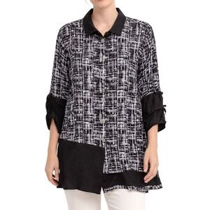 Ali Miles Womens Top M Black White Office‎ Modern Button Up Artsy Mixed Fabrics